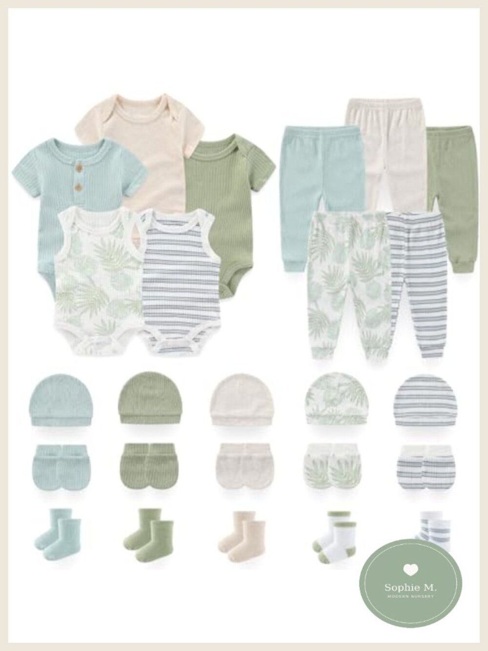 Baby 25Pc Bodysuit Pants Hat Mittens Socks Set 100% Cotton